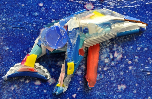 A closeup of Emily Connor's "The Plastic Ocean," which she made from scraps of plastic she found at the high school.