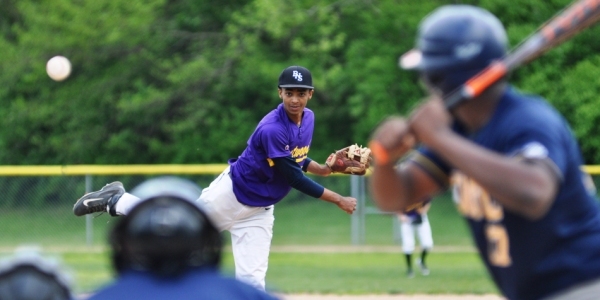 Charles Jones pitches to Cleveland NJROTC in the first inning on April 28 at Brentwood Park. (All photos by Steve Bowman)